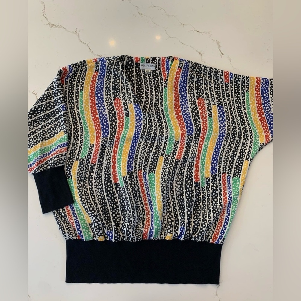 Abstract Rainbow Striped 100% Silk Cape Blouse w Black Fitted Hem Size 16 No Tag
